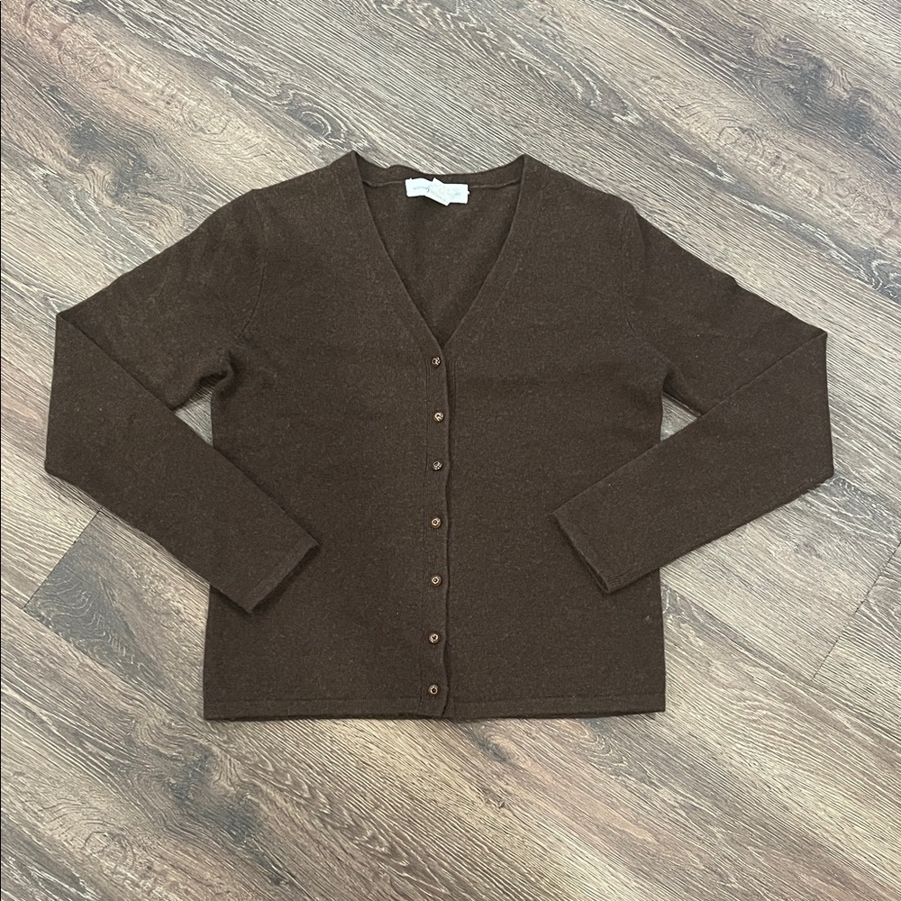100% cashmere Brown V-Neck Button-Up Women's Sweater - Petite small